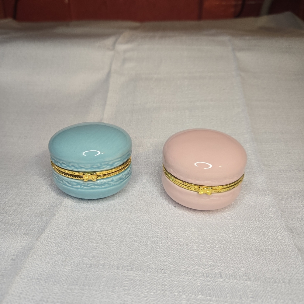Macaron Glass Hinged Trinket Boxes Pastel Blue And Pink Gold Hardware Set Of 2